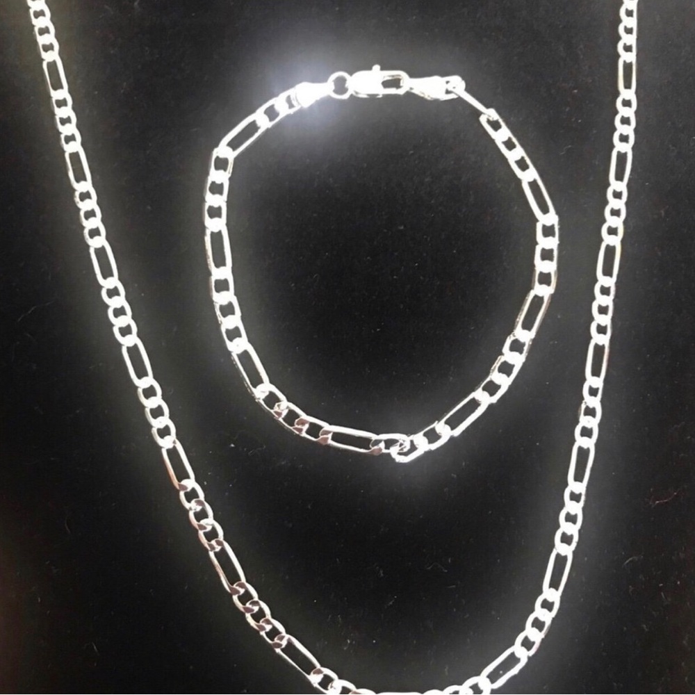 Sterling Silver Figaro Chain Necklace and Bracelet Set